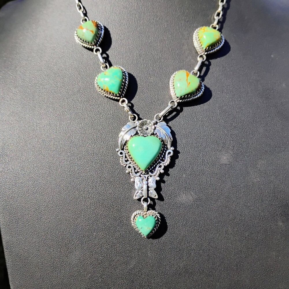 Turquoise Heart Stone Sterling Silver Lariat Necklace Butterfly Flower Southwest - Picture 5 of 12